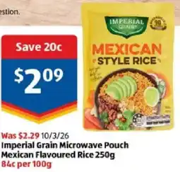 ALDI Imperial Grain Microwave Pouch Mexican Flavoured Rice offer