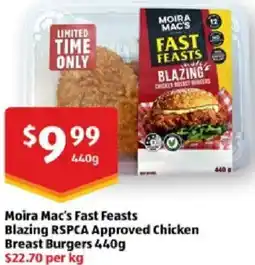ALDI Moira Mac's Fast Feasts Blazing RSPCA Approved Chicken Breast Burgers offer