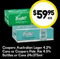 Drakes Coopers Australian Lager 4.2% Cans or Coopers Pale Ale 4.5% Bottles or Cans offer