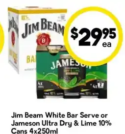 Drakes Jim Beam White Bar Serve or Jameson Ultra Dry & Lime 10% Cans offer
