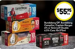 Drakes Bundaberg OP, Bundaberg Campfire, Captain Morgan 6% or Smirnoff Double 6.5% Cans offer