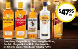 Drakes Bundaberg Original Rum, Bundaberg Red Rum, Captain Morgan Spiced Gold, Gordons Gin or Johnnie Walker Red Label Whisky offer