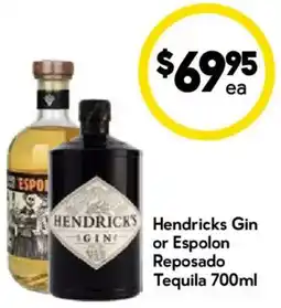 Drakes Hendricks Gin or Espolon Reposado Tequila offer
