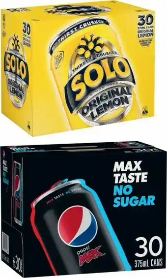 Coles Pepsi Max, Solo or Sunkist Soft Drink 30x375mL offer