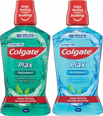 Coles Colgate Plax Freshmint or Peppermint Mouthwash 500mL offer