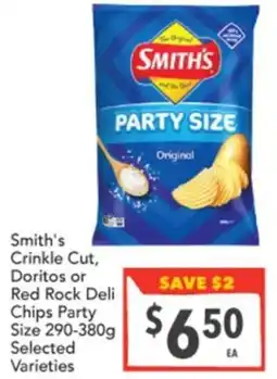 Supa Valu Smith's Crinkle Cut, Doritos or Red Rock Deli Chips Party Size offer