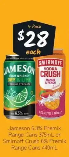 Cellarbrations Jameson 6.3% Premix Range Cans or Smirnoff Crush 6% Premix Range Cans offer