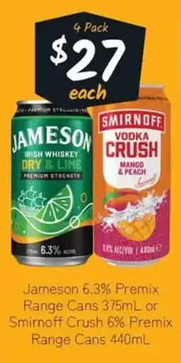 Cellarbrations Jameson 6.3% premix range cans 375ml or smirnoff crush 6% premix range cans offer