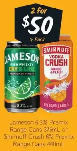 Cellarbrations Jameson 6.3% Premix Range Cans or Smirnoff Crush 6% Premix Range Cans offer