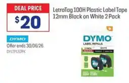 Officeworks LetraTag 100H Plastic Label Tape 12mm Black on White offer