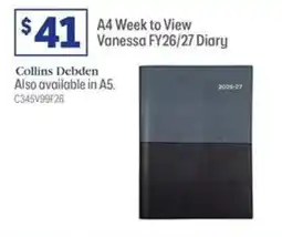 Officeworks A4 Week to View Vanessa FY26/27 Diary offer