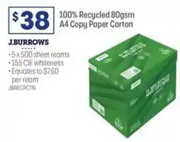 Officeworks 100% Recycled 80gsm A4 Copy Paper Carton offer