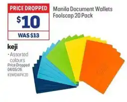 Officeworks Manila Document Wallets Foolscap 20 Pack offer