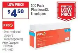 Officeworks 100 Pack Plainface DL Envelopes offer