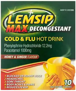 healthylife Lemsip Max Decongestant Cold & Flu Hot Drink Honey & Ginger 10 Sachets offer