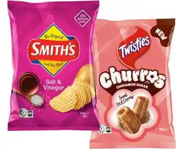 IGA Smith’s Crinkle Cut Chips 150-170g or Twisties Cinnamon Sugar Churros 120g Selected Varieties offer