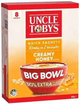 IGA Uncle Tobys Big Bowl Rolled Oats Quick Sachets Selected Varieties offer