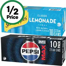 Woolworths Pepsi, Solo, Mountain Dew or Schweppes Lemonade Soft Drink Varieties 10 x 375ml offer