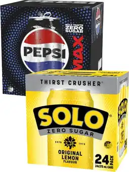 Coles Pepsi Max or Solo Zero Sugar Soft Drink 24x375mL offer