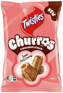 IGA Twisties Cinnamon Sugar Churros 120g or Smith’s Crinkle Cut Chips 150-170g Selected Varieties offer