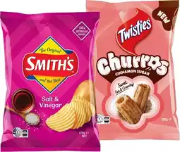 IGA Smith’s Crinkle Cut Chips 150-170g or Twisties Churros Cinnamon Sugar 120g Selected Varieties offer