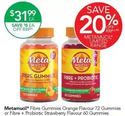 Terry White Metamucil* Fibre Gummies Orange Flavour 72 Gummies or Fibre + Probiotic Strawberry Flavour 60 Gummies offer
