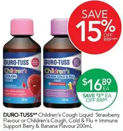 Terry White DURO-TUSS Children's Cough Liquid Strawberry Flavour or Children's Cough, Cold & Flu + Immune Support Berry & Banana Flavour offer