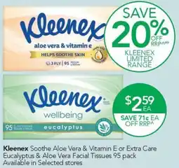 Terry White Kleenex Soothe Aloe Vera & Vitamin E or Extra Care Eucalyptus & Aloe Vera Facial Tissues offer