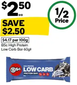 Woolworths BSc High Protein Low Carb Bar 60g+ offer
