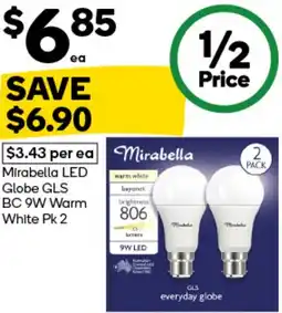 Woolworths Mirabella LED Globe GLS BC 9W Warm White offer