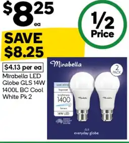 Woolworths Mirabella LED Globe GLS 14W 1400L BC Cool White offer