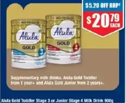 Chemist Warehouse Alula Gold Toddler Stage 3 or Junior Stage 4 Milk Drink offer