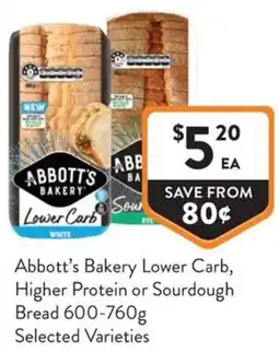 Foodworks Abbotts Bakery Lower Carb Higher Protein or Sourdough Bread offer