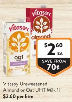 Foodworks Vitasoy Unsweetened Almond or Oat UHT Milk offer