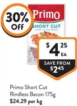 Foodworks Primo Short Cut Rindless Bacon offer