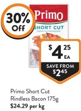 Foodworks Primo Short Cut Rindless Bacon offer