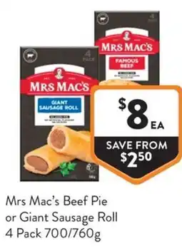 Foodworks Mrs Macs Beef Pie or Giant Sausage Roll offer