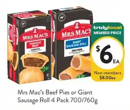 Foodworks Mrs Macs Beef Pies or Giant Sausage Roll offer