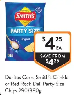 Foodworks Doritos Corn Smiths Crinkle or Red Rock Deli Party Size Chips offer