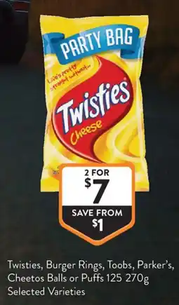 Foodworks Twisties Burger Rings Toobs, Parkers Cheetos Balls or Puffs 125 offer