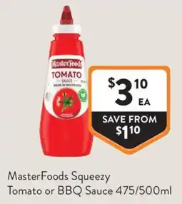 Foodworks Master Foods Squeezy Tomato or BBQ Sauce offer