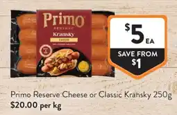 Foodworks Primo Reserve Cheese or Classic Kransky offer