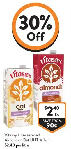 Foodworks Vitasoy unsweetened almond or oat uht milk offer