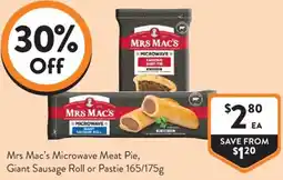 Foodworks Mrs Macs Microwave Meat Pie Giant Sausage Roll or Pastie offer