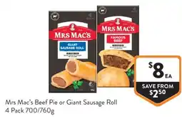 Foodworks Mrs Macs Beef Pie or Giant Sausage Roll offer