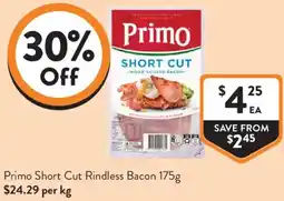 Foodworks Primo Short Cut Rindless Bacon offer