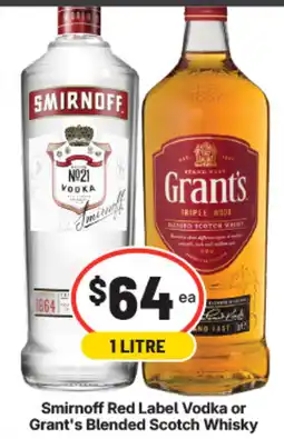 IGA Liquor Smirnoff Red Label Vodka or Grant's Blended Scotch Whisky offer