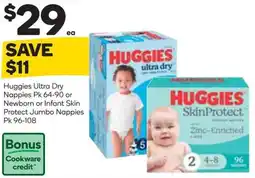 Woolworths Huggies Ultra Dry Nappies or Newborn or Infant Skin Protect Jumbo Nappies offer