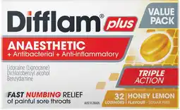 Pharmacist Advice Difflam Plus Anaesthetic + Antibacterial + Anti-inflammatory Honey Lemon Flavour 32 Lozenges offer