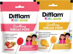 Pharmacist Advice Difflam Kids 3 Years+ Soothing Throat Pops Strawberry or Manuka Honey Flavour 10 Pops offer